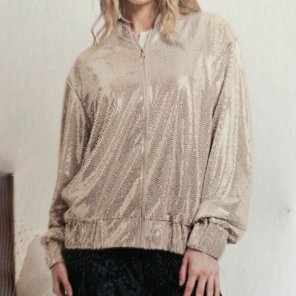 Sequin Gold Bomber Jacket Large Shiny 90s Glam Serra Limited Edition NEW - Picture 1 of 8